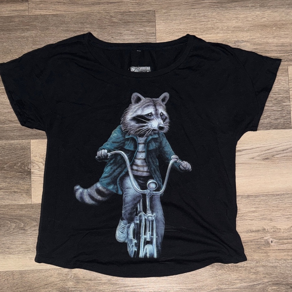 Black Tee with Raccoon on Bicycle Graphic curbside clothing